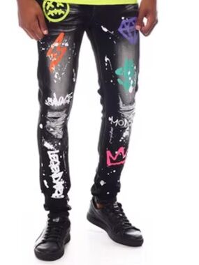 SWITCH REMARKABLE RIPPED Black Painted Skinny Jeans with Graphic Accents 36x30